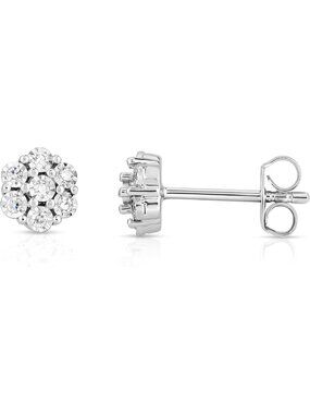 Sparkly Flower Shaped Lab Grown Diamond Stud Earrings & Necklace in Silver